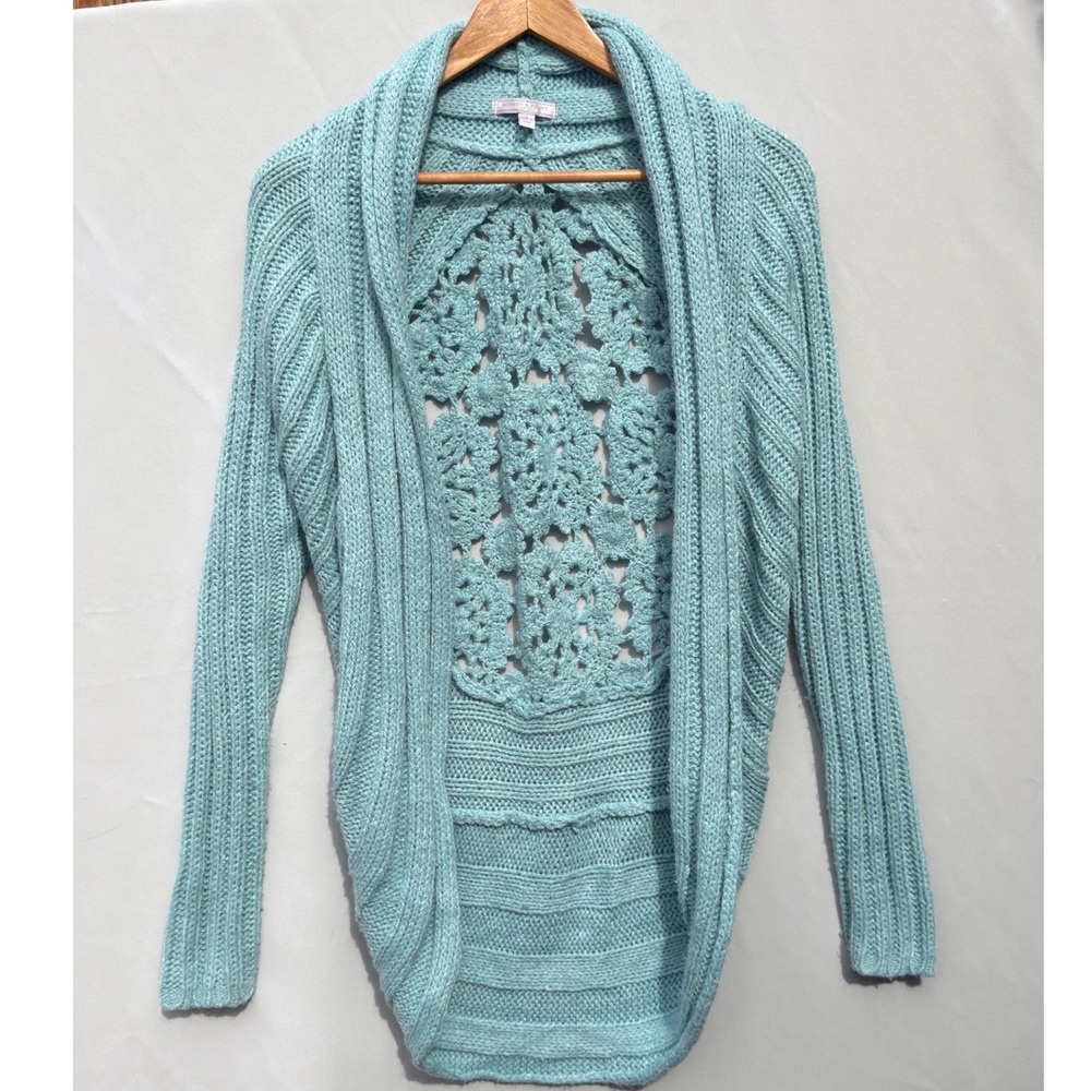 Romeo & Juliet Couture Boho Knit Aqua Crochet Back Cocoon Cardigan Open Front S - Picture 3 of 7